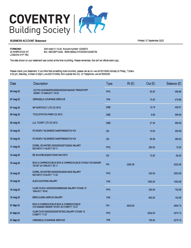 Modèle Word et PDF de relevé de compte courant de l'organisation Coventry Building Society